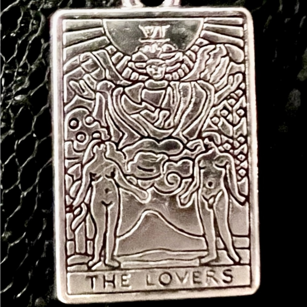 The Lovers Tarot Card Pendant Necklace with an heart on a moon charm for b…